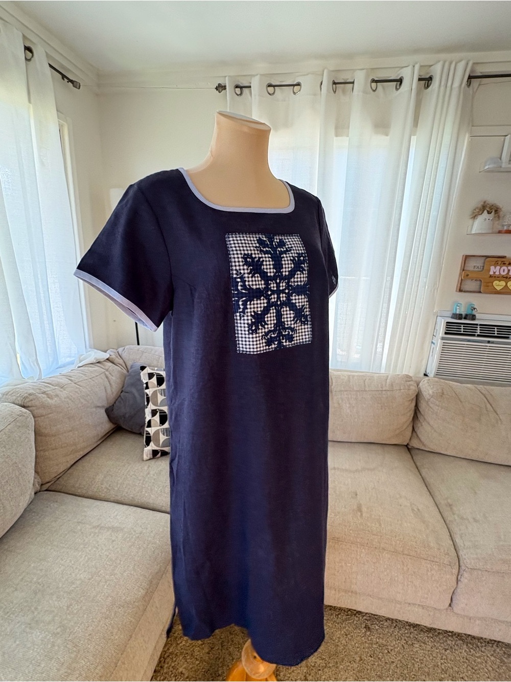 Vintage Leina'ala Dark Navy Dresswith Palaka Quilt Appliqué